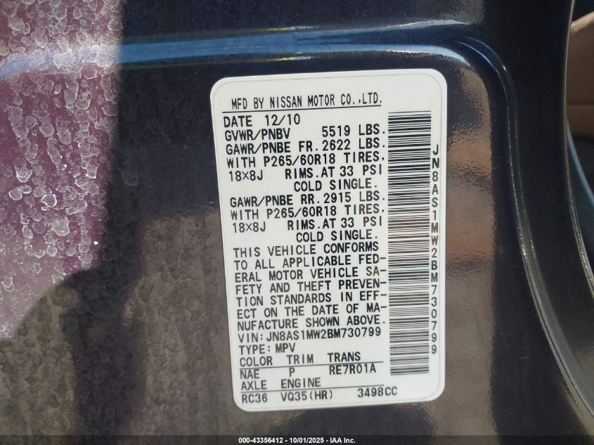 2011 Infiniti Fx35 VIN: JN8AS1MW2BM730799 Lot: 43356412