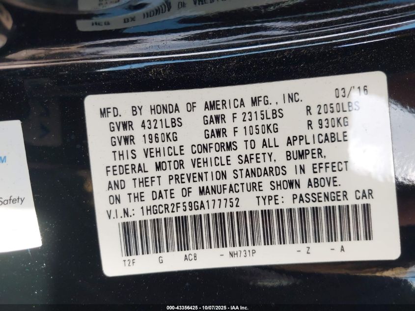 2016 Honda Accord Sport VIN: 1HGCR2F59GA177752 Lot: 43356425