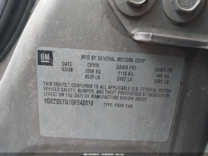2008 Saturn Aura Xe VIN: 1G8ZS57N18F242010 Lot: 43356437