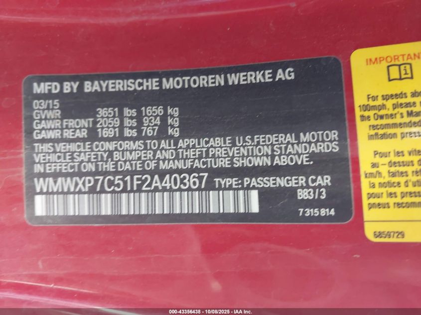 2015 Mini Hardtop Cooper S VIN: WMWXP7C51F2A40367 Lot: 43356438