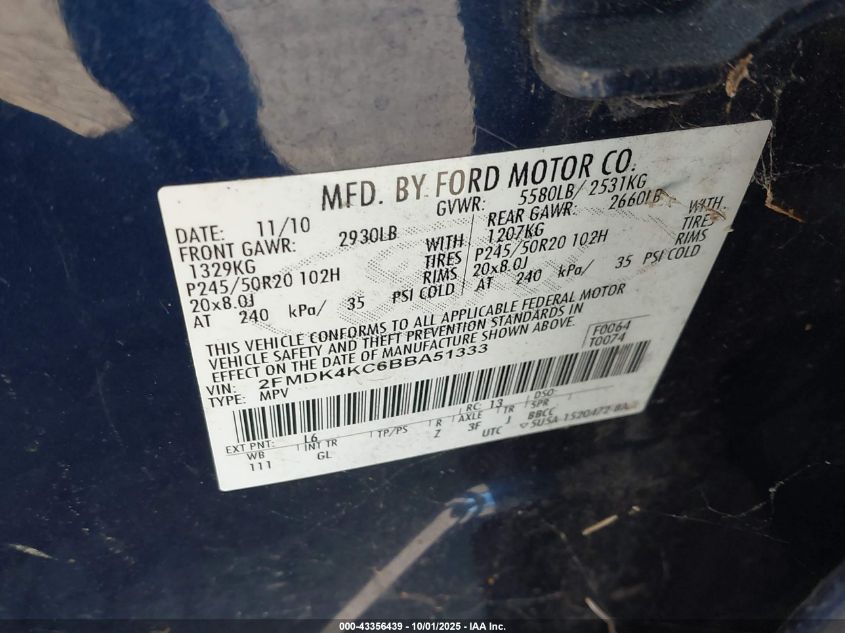 2011 Ford Edge Limited VIN: 2FMDK4KC6BBA51333 Lot: 43356439