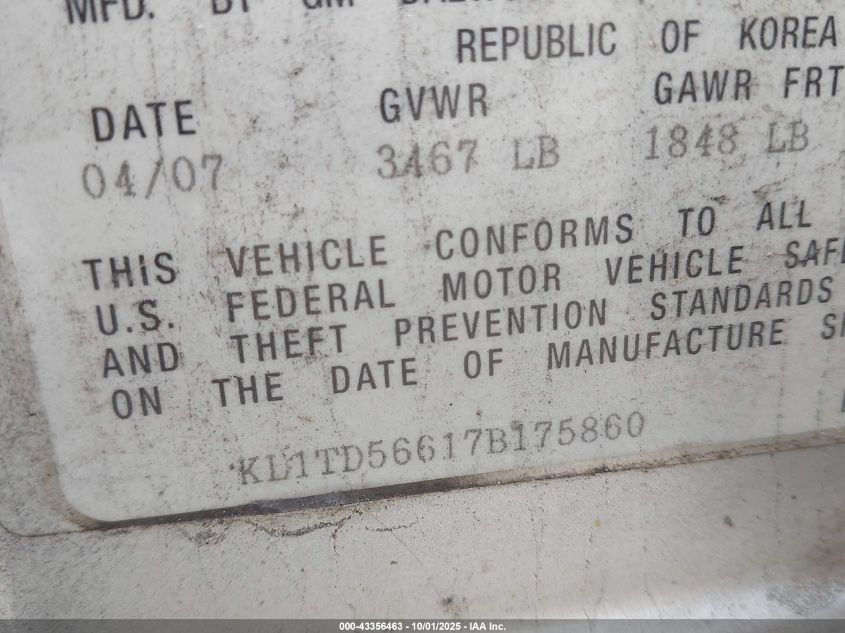 2007 Chevrolet Aveo Ls VIN: KL1TD56617B175860 Lot: 43356463