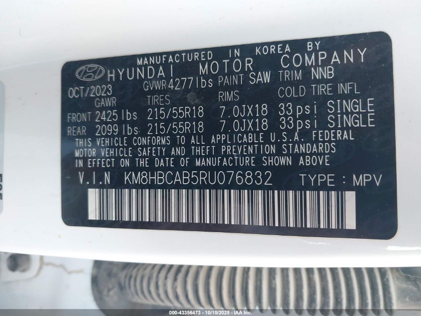 2024 Hyundai Kona Sel VIN: KM8HBCAB5RU076832 Lot: 43356473