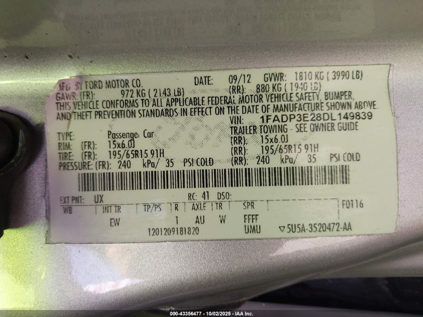 2013 Ford Focus S VIN: 1FADP3E28DL149839 Lot: 43356477