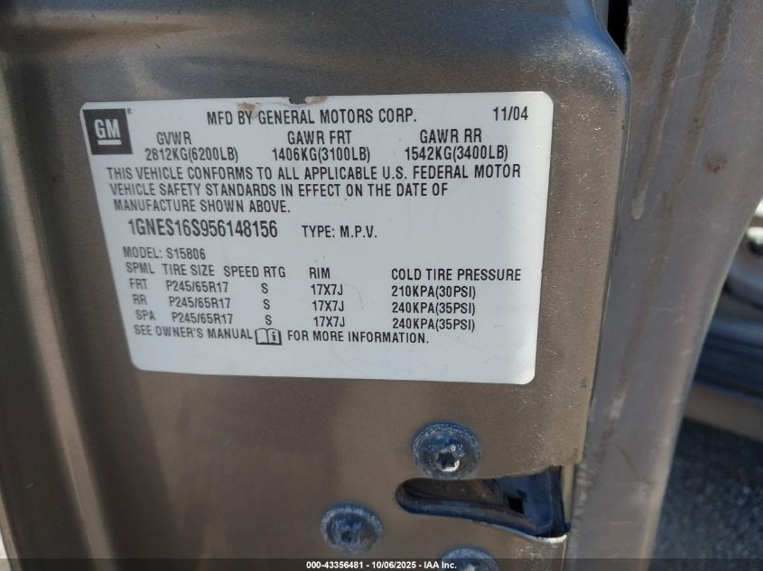 2005 Chevrolet Trailblazer Ext Ls VIN: 1GNES16S956148156 Lot: 43356481