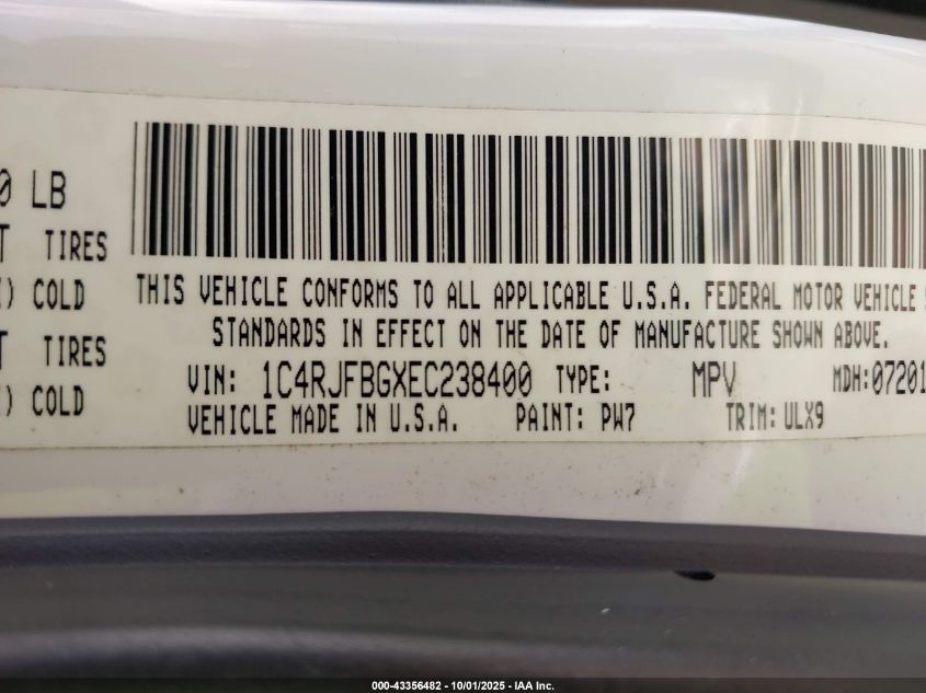 2014 Jeep Grand Cherokee Limited VIN: 1C4RJFBGXEC238400 Lot: 43356482