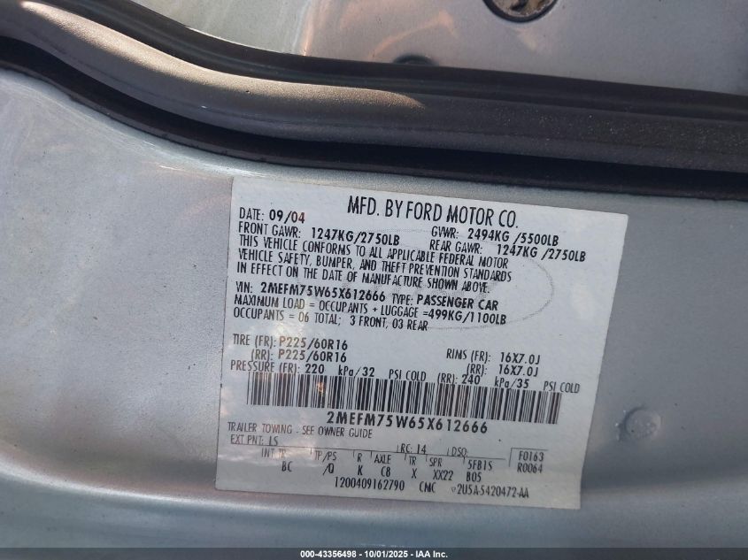 2005 Mercury Grand Marquis Ls/Lse VIN: 2MEFM75W65X612666 Lot: 43356498