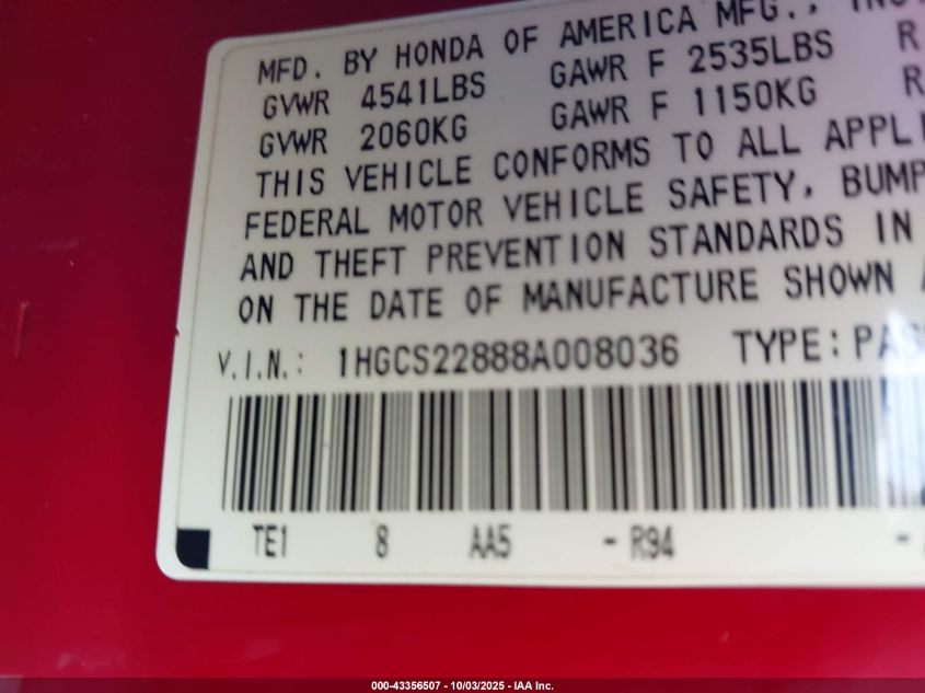 2008 Honda Accord 3.5 Ex-L VIN: 1HGCS22888A008036 Lot: 43356507