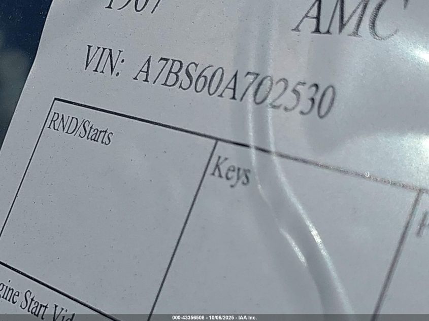 1967 Amc Rambler VIN: A7BS60A702530 Lot: 43356508