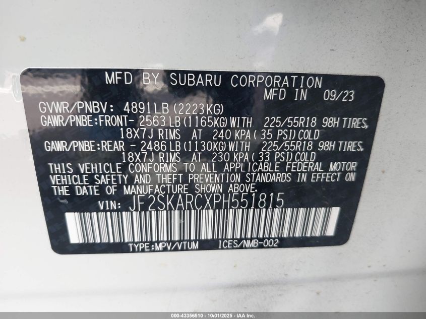 2023 Subaru Forester Touring VIN: JF2SKARCXPH551815 Lot: 43356510