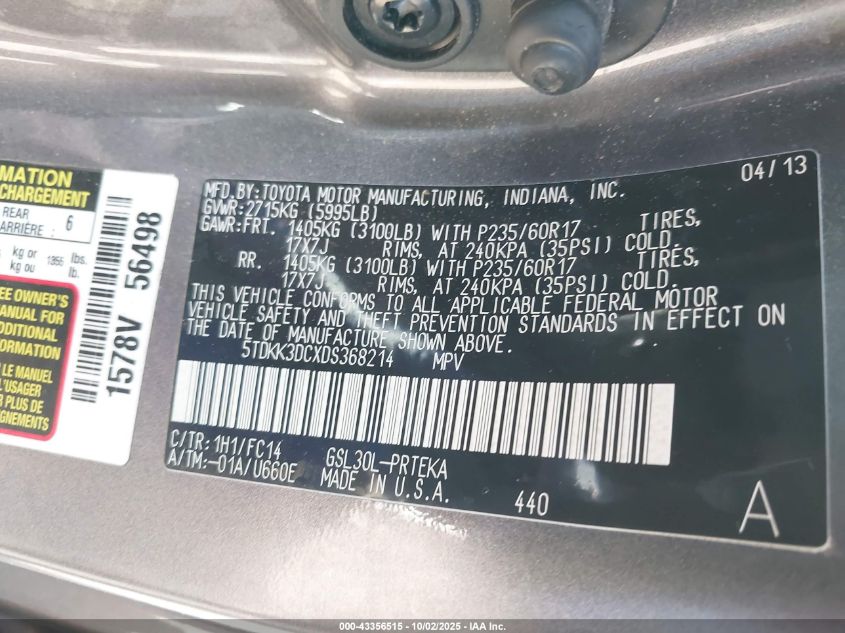 2013 Toyota Sienna Le V6 8 Passenger VIN: 5TDKK3DCXDS368214 Lot: 43356515