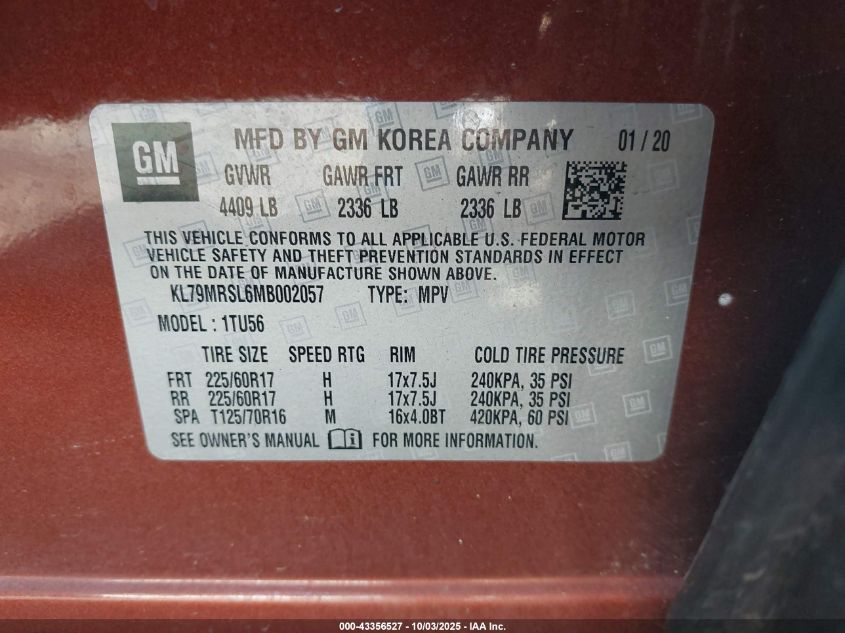 2021 Chevrolet Trailblazer Awd Lt VIN: KL79MRSL6MB002057 Lot: 43356527