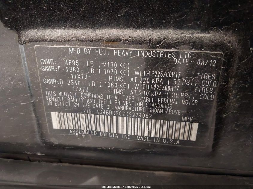 2013 Subaru Outback 3.6R Limited VIN: 4S4BRDSC7D2224062 Lot: 43356533