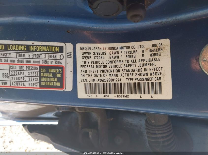 2009 Honda Civic Hybrid VIN: JHMFA36259S001274 Lot: 43356538