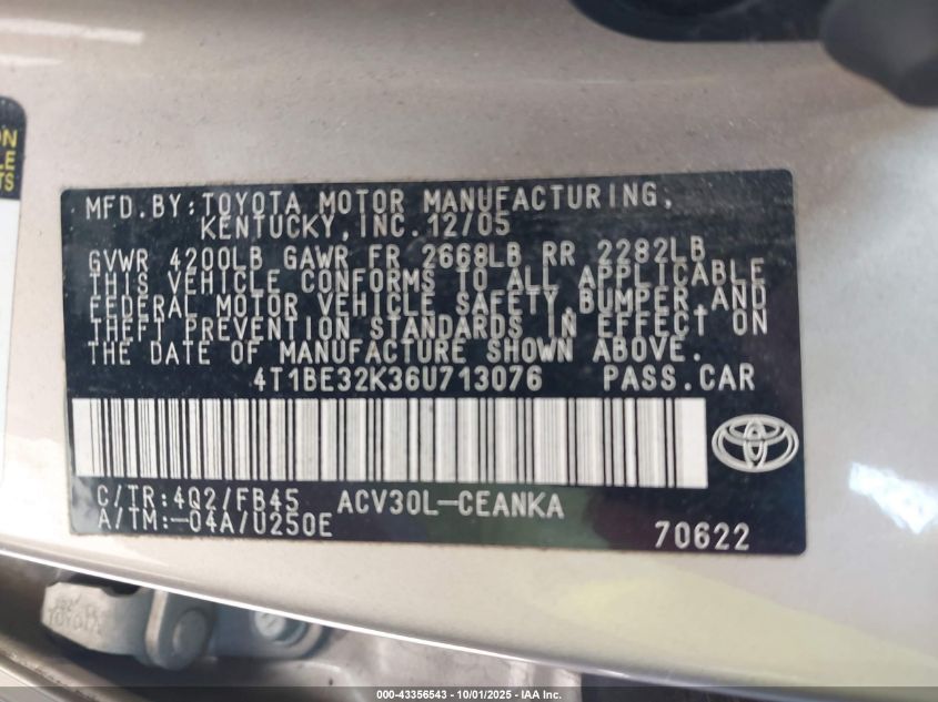 2006 Toyota Camry Le VIN: 4T1BE32K36U713076 Lot: 43356543