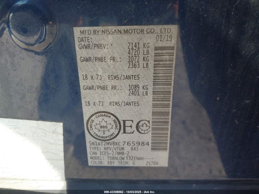2019 Nissan Rogue S/Sl/Sv VIN: 5N1AT2MV8KC765984 Lot: 43356562