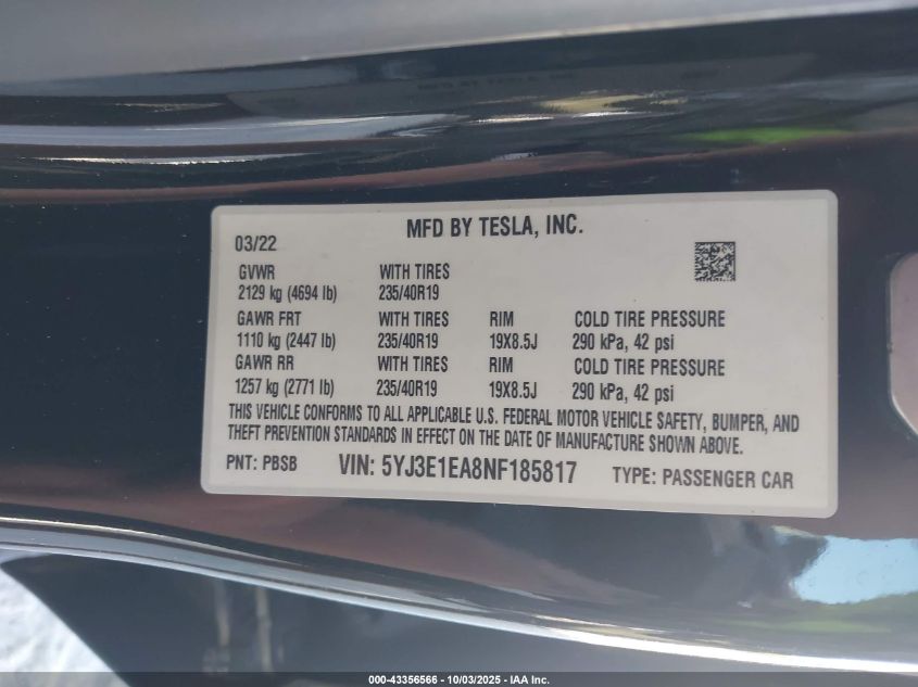 2022 Tesla Model 3 Rear-Wheel Drive VIN: 5YJ3E1EA8NF185817 Lot: 43356566