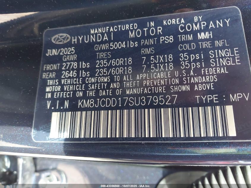 2025 Hyundai Tucson Hybrid Sel Convenience VIN: KM8JCDD17SU379527 Lot: 43356568