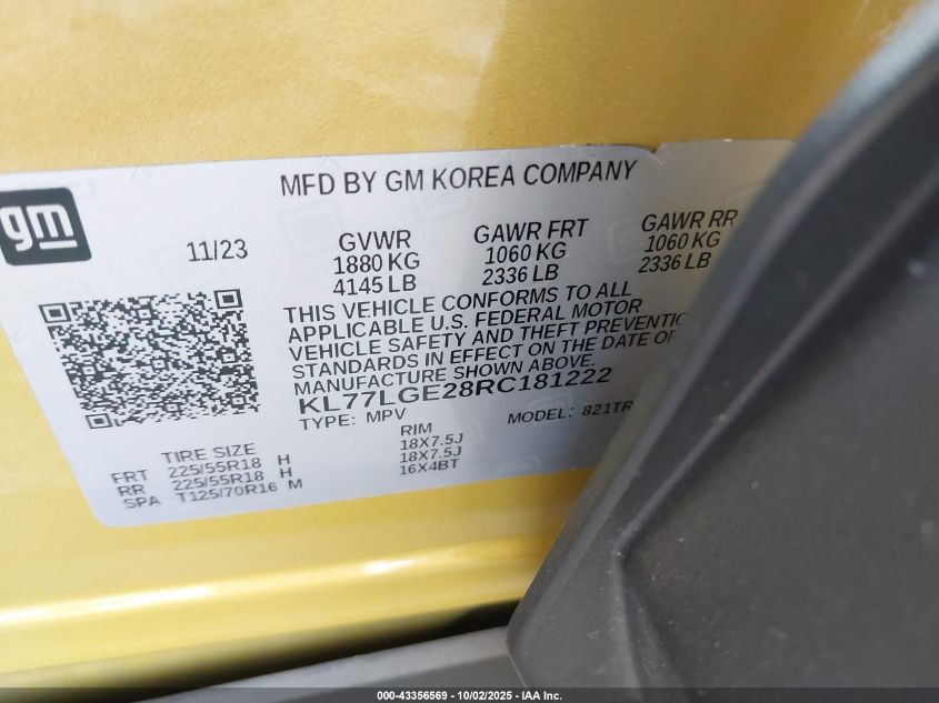 2024 Chevrolet Trax Fwd 1Rs VIN: KL77LGE28RC181222 Lot: 43356569