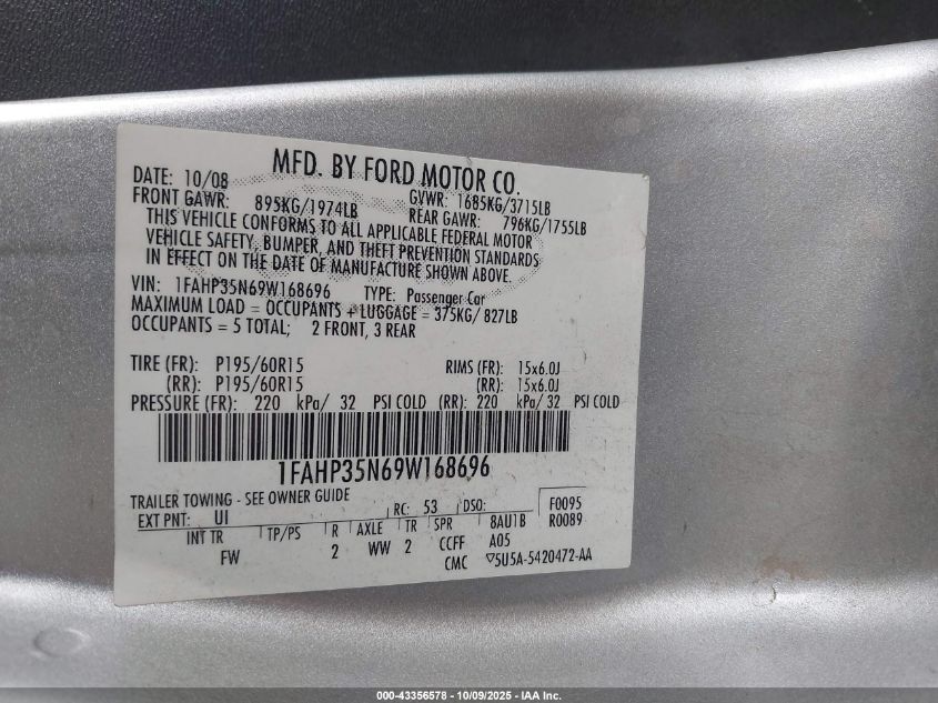 2009 Ford Focus Se VIN: 1FAHP35N69W168696 Lot: 43356578