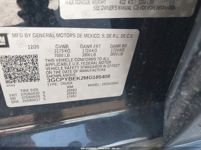 2021 Chevrolet Silverado 1500 VIN: 3GCPYBEK2MG185408 Lot: 43356582