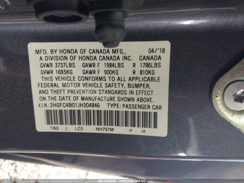 2018 Honda Civic Lx-P VIN: 2HGFC4B01JH304846 Lot: 43356593