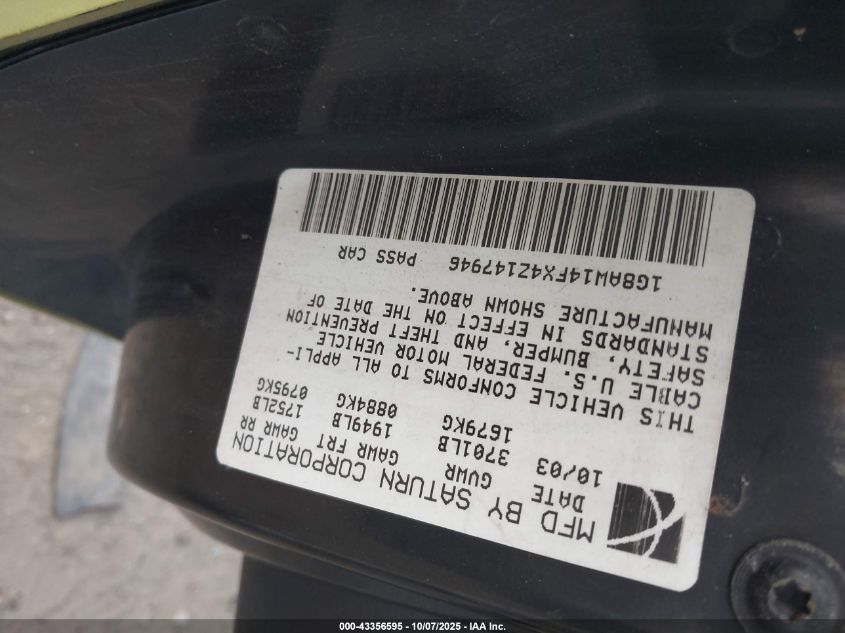 2004 Saturn Ion 3 VIN: 1G8AW14FX4Z147946 Lot: 43356595