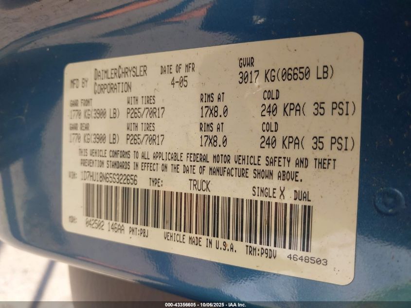 2005 Dodge Ram 1500 St VIN: 1D7HU18N65S322656 Lot: 43356605