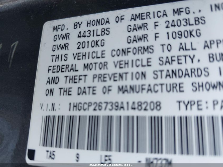 2009 Honda Accord 2.4 Ex VIN: 1HGCP26739A148208 Lot: 43356607
