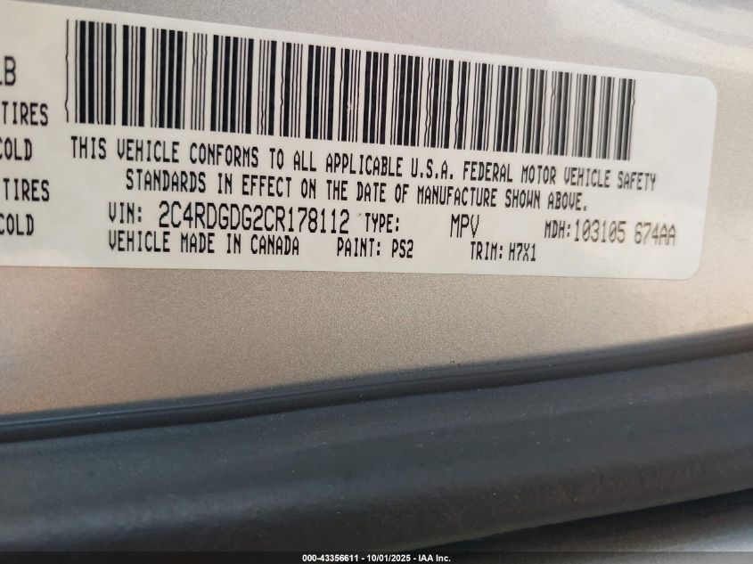 2012 Dodge Grand Caravan Crew VIN: 2C4RDGDG2CR178112 Lot: 43356611