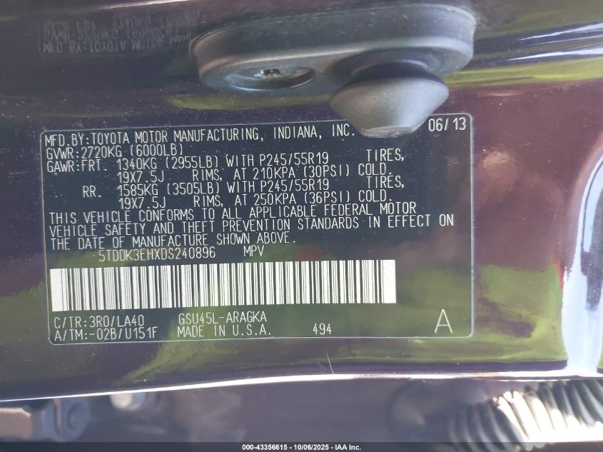 2013 Toyota Highlander Limited V6 VIN: 5TDDK3EHXDS240896 Lot: 43356615
