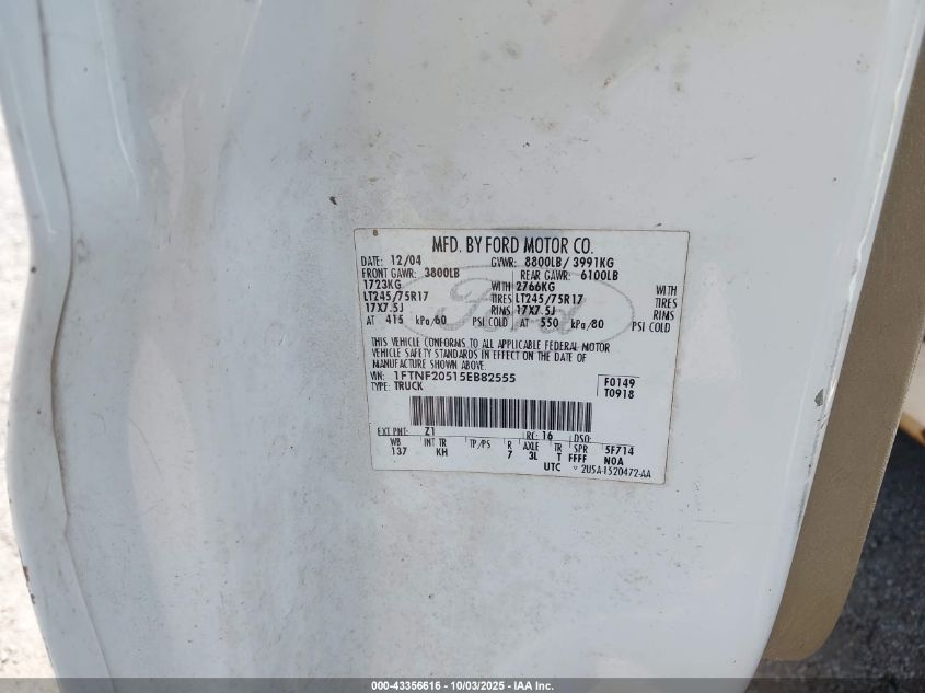 2005 Ford F-250 Xl/Xlt VIN: 1FTNF20515EB82555 Lot: 43356616