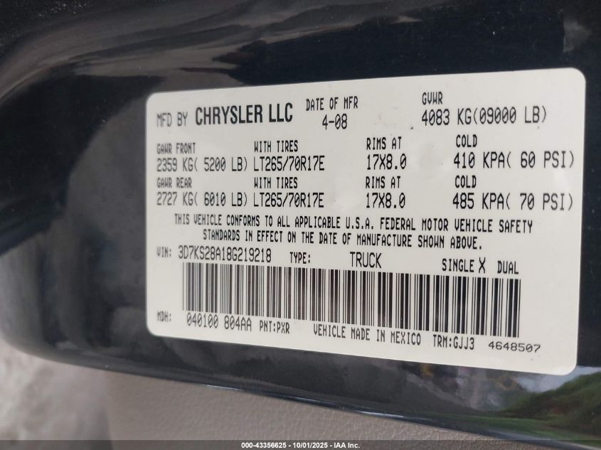 2008 Dodge Ram 2500 Laramie VIN: 3D7KS28A18G219218 Lot: 43356625
