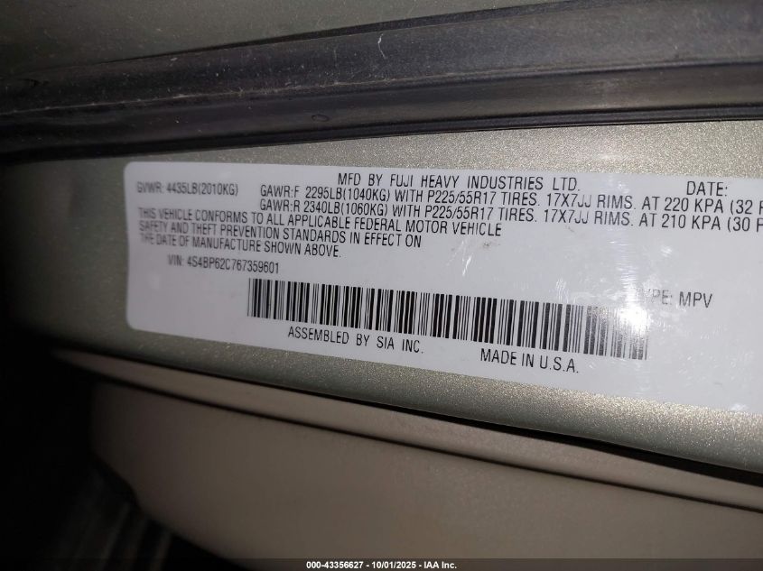 2006 Subaru Outback 2.5I Limited VIN: 4S4BP62C767359601 Lot: 43356627