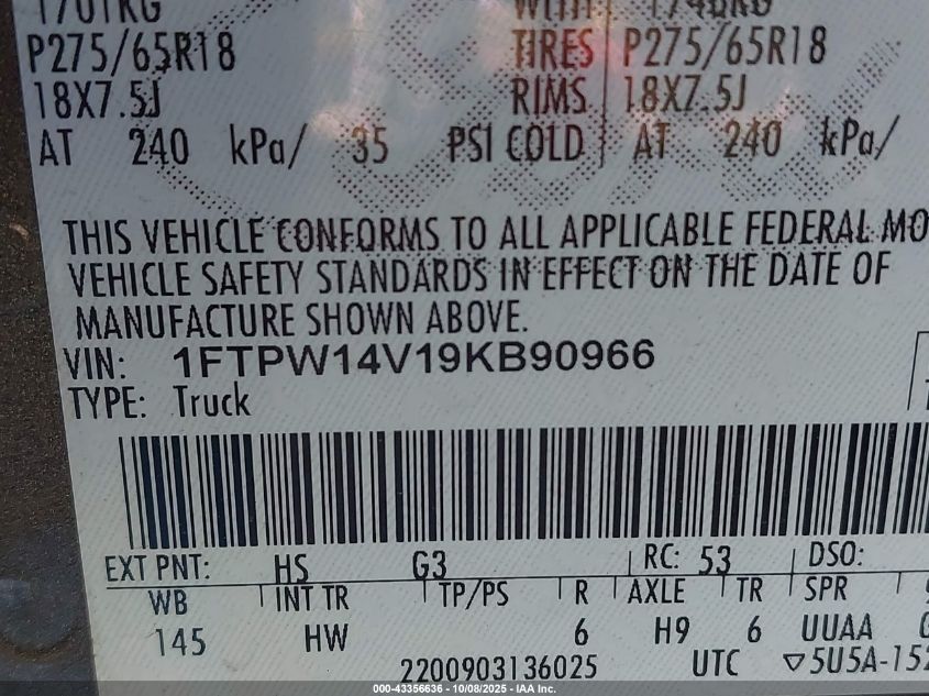 2009 Ford F-150 Lariat VIN: 1FTPW14V19KB90966 Lot: 43356636