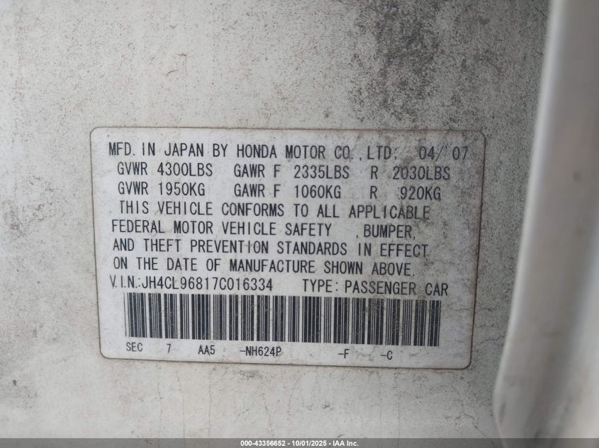 2007 Acura Tsx VIN: JH4CL96817C016334 Lot: 43356652