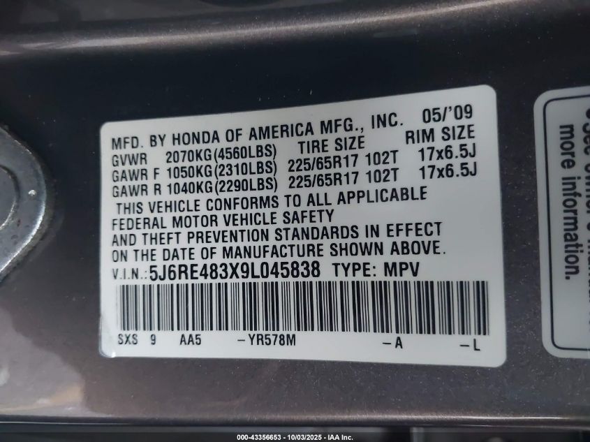 2009 Honda Cr-V Lx VIN: 5J6RE483X9L045838 Lot: 43356653