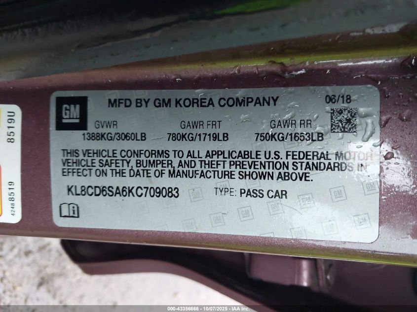 2019 Chevrolet Spark 1Lt Cvt VIN: KL8CD6SA6KC709083 Lot: 43356666