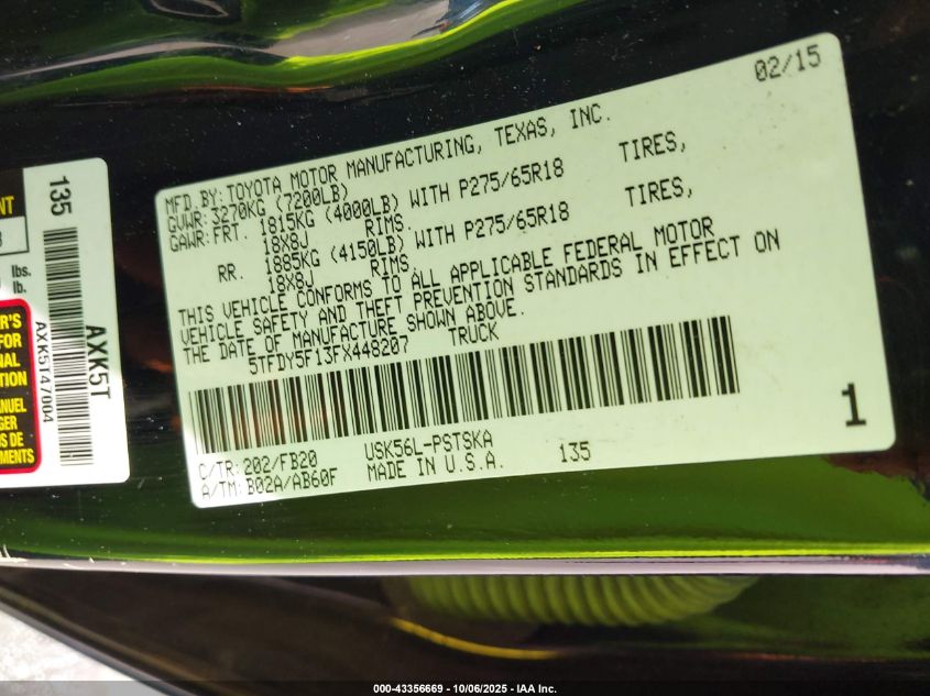 2015 Toyota Tundra Sr5 5.7L V8 VIN: 5TFDY5F13FX448207 Lot: 43356669