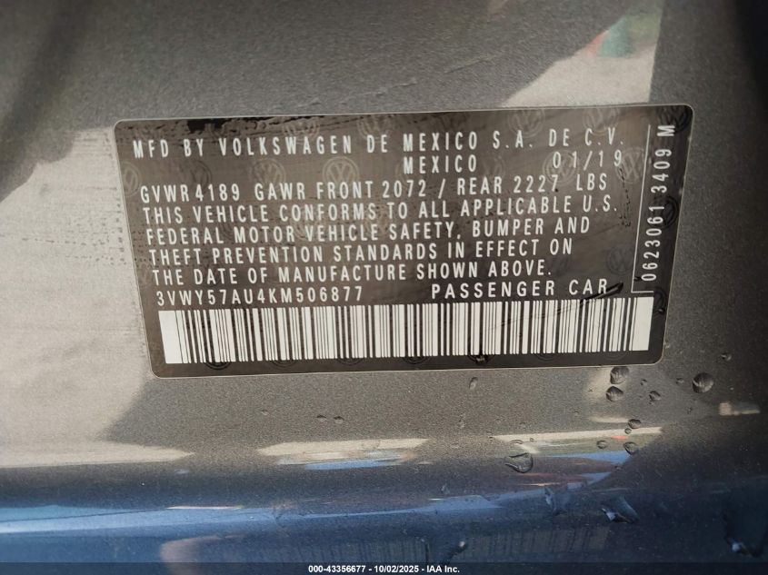 2019 Volkswagen Golf Sportwagen 1.4T S/1.4T Se VIN: 3VWY57AU4KM506877 Lot: 43356677