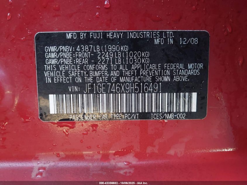 2009 Subaru Impreza 2.5Gt VIN: JF1GE746X9H516491 Lot: 43356683