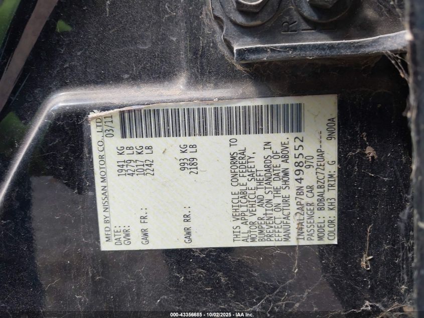 2011 Nissan Altima 2.5 S VIN: 1N4AL2AP7BN498552 Lot: 43356685