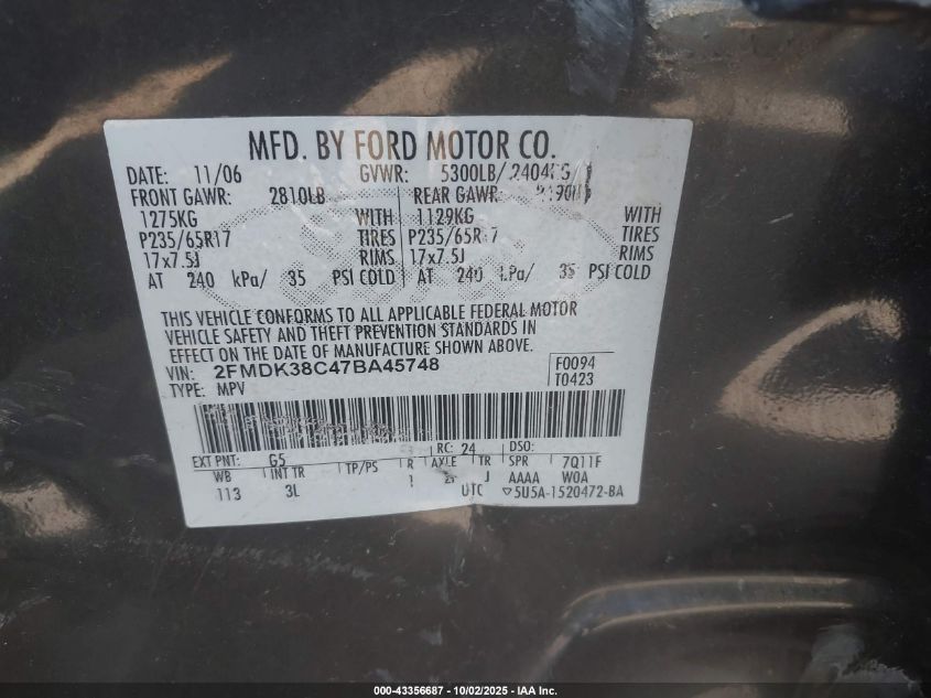 2007 Ford Edge Sel VIN: 2FMDK38C47BA45748 Lot: 43356687