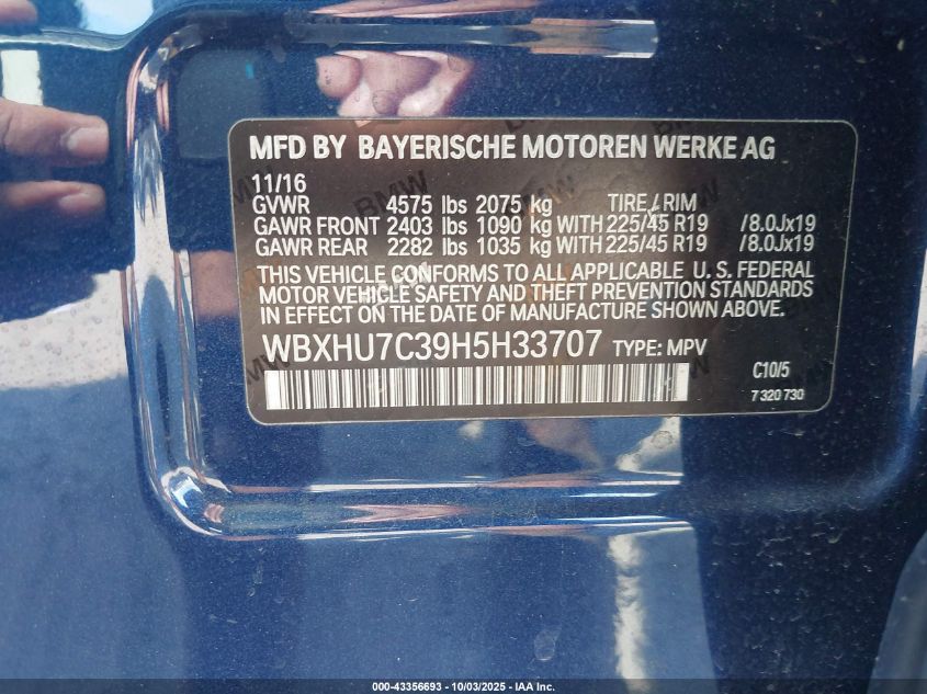 2017 BMW X1 Sdrive28I VIN: WBXHU7C39H5H33707 Lot: 43356693