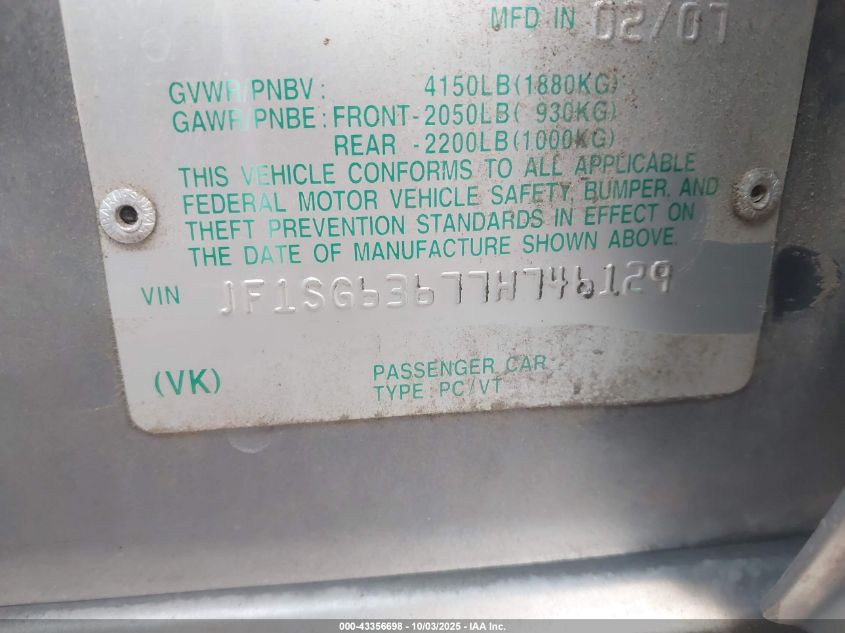 2007 Subaru Forester Sports 2.5X VIN: JF1SG63677H746129 Lot: 43356698