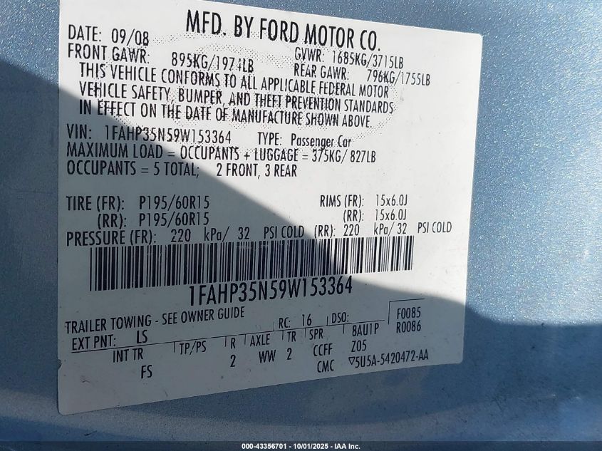 2009 Ford Focus Se VIN: 1FAHP35N59W153364 Lot: 43356701