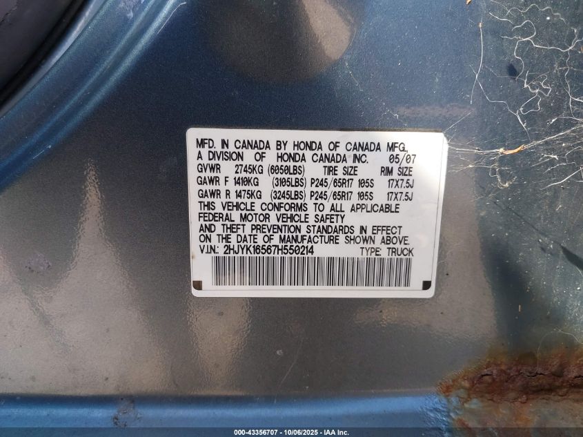 2007 Honda Ridgeline Rtl VIN: 2HJYK16567H550214 Lot: 43356707