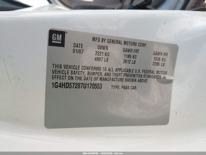 2007 Buick Lucerne Cxl VIN: 1G4HD57287U170553 Lot: 43356709