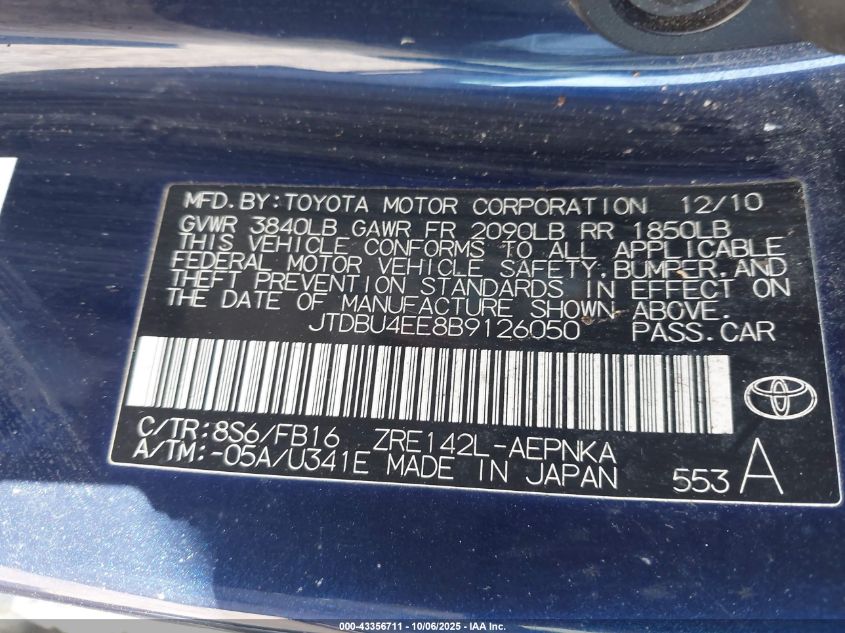 2011 Toyota Corolla Le VIN: JTDBU4EE8B9126050 Lot: 43356711