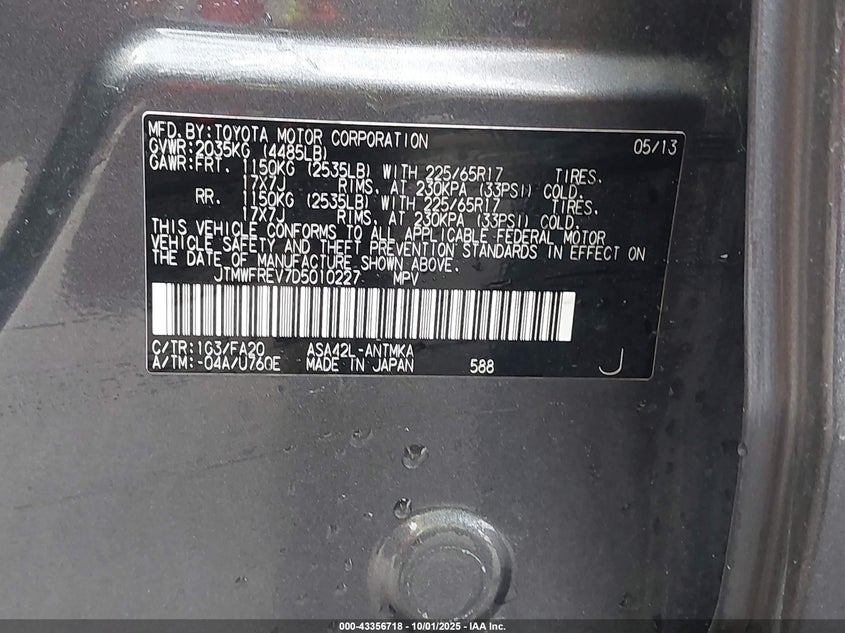 2013 Toyota Rav4 Xle VIN: JTMWFREV7D5010227 Lot: 43356718